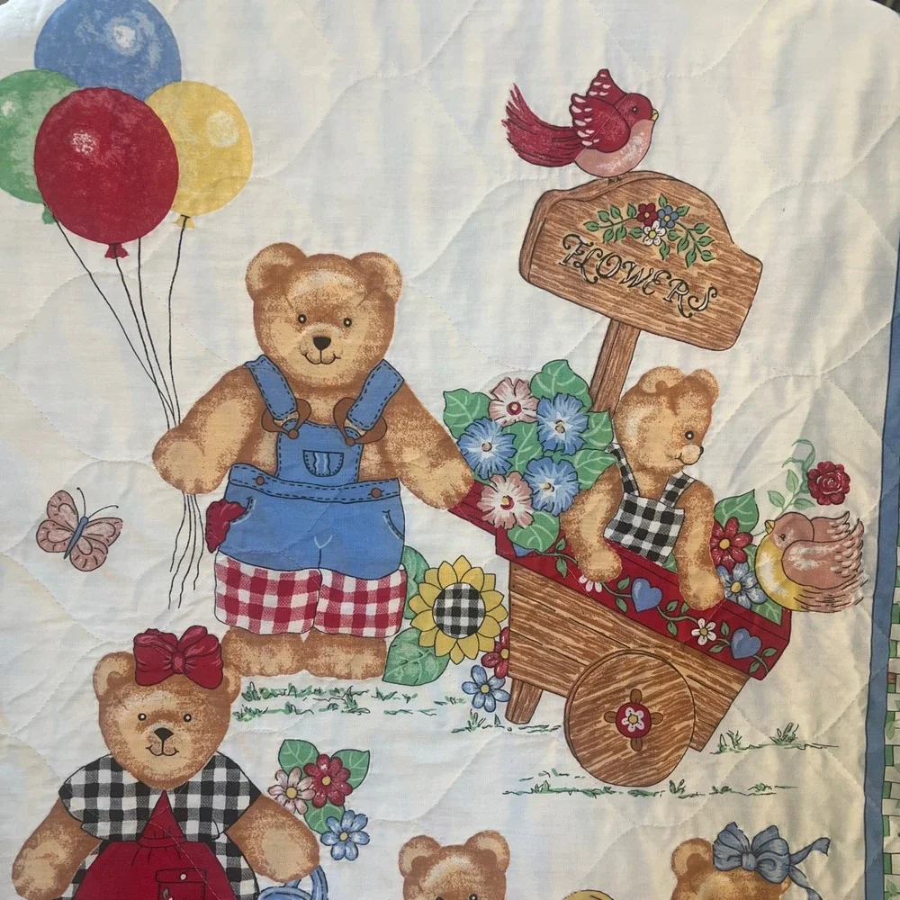 Vintage Teddy Bear Garden Quilted Baby Blanket Floral Picket Fence Nursery Blue
